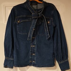 Chic Denim Blouse with Tie-Neck